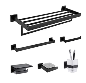Wall Mounted <b>Bathroom</b> <b>Accessories</b> Set Black Metal Towel Rack Toilet Paper Holder Toothbrush Cup Holder Minimalist Design - Product Image 2
