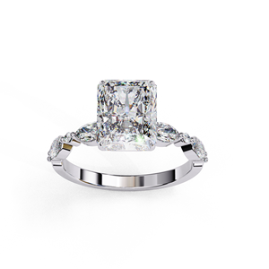 Elongated Emerald Cut Diamond Engagement Ring with Marquise Side <b>Stones</b> - Product Image 3