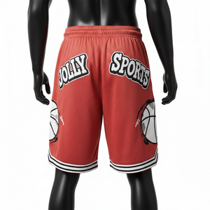 Short de basketball en maille polyester premium 180 GSM, couleur rouge, avec patch en chenille et panneau à rayures imprimées à l'écran - Product Image 2