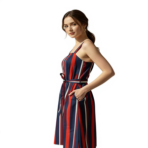 เดรสทรงเอไลน์พิมพ์ลาย สายเดี่ยวเรียบง่ายทันสมัยสำหรับผู้หญิง ผ้าโพลีเอสเตอร์ 100% สวมใส่สบาย ระบายอากาศได้ดี แต่งกระดุม - Product Image 1