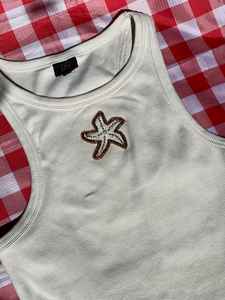 Exclusive Manufacturer White Cotton Ribbed Tank <b>Top</b> Crop <b>Top</b> With Beaded Embroidery Three Purple Fish Patches Women Hot Sale - Product Image 2