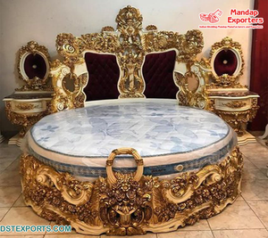 Cama de madera de teca de estilo francés con taburetes laterales, cama tallada a mano de estilo europeo con mesa lateral, muebles de dormitorio con acabado dorado - Product Image 6