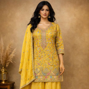 Traje Chinon de talla única con pantalones palazzo cosidos y bordados para uso indio y pakistaní. - Product Image 1