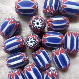 Handmade Oval Chevron Glass <b>Beads</b> – <b>Red</b>, White & Blue Star Pattern Lampwork <b>Beads</b> for Jewelry Making & Home Decoration (Assorted - Product Image 1