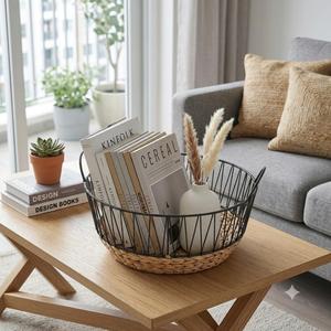 Panier de rangement rond en fil métallique de nouvelle conception avec poignées, cadre en fer noir, fond tissé en jacinthe d'eau - Product Image 5