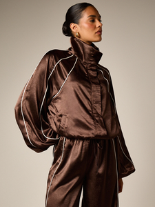 Silk Satin <b>Jacket</b> Funnel Neck Zip Piping Trim Raglan Sleeve Oversized Chocolate Brown Womens Wholesale - Product Image 3