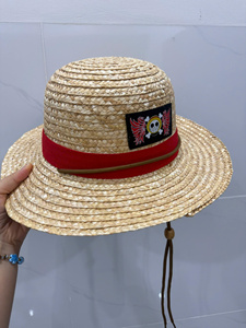 Boho Character Printed <b>Straw</b> Boater <b>Hat</b> Wide Brim Summer Beach Outdoor Sun Protection Unisex Adult Red Ribbon - Product Image 1