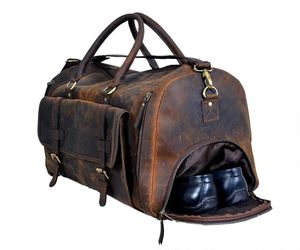 Sac de voyage en cuir véritable pour hommes, poignée souple, fermeture à glissière, sac de voyage décontracté, capacité de 40 à 55l, couleur unie, conception durable - Product Image 2