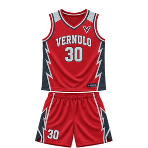 Conjunto de Uniforme de Baloncesto Personalizado para Hombre, Rojo y Negro, Jersey sin Mangas con Cuello en V y Pantalones Cortos con Paneles Laterales con Diseño de Rayo, Números de Equipo, Kits al por Mayor - Product Image 3