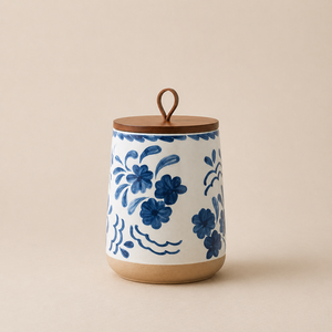 Elegant Ceramic Canister Set Wooden Lid Floral Motif Airtight <b>Kitchen</b> <b>Storage</b> Jars Artisan Countertop Organizer - Product Image 1