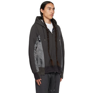 Sudadera con capucha para hombre con media cremallera, personalizada OEM, de mezcla de algodón tipo jersey paneado y sarga de nailon, con bolsillo utilitario y cremallera bidireccional - Product Image 4