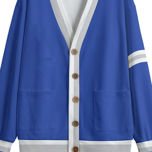 Cardigan en molleton épais bleu roi et blanc, style universitaire décontracté, col en V, fermeture boutonnée, tricot rétro, essentiel hiver streetwear - Product Image 2