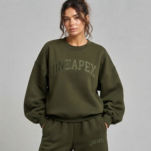 Ensemble de survêtement oversize vert olive pour femme – Sweat-shirt à col rond et pantalon de jogging large – Tenue décontractée, streetwear et sportswear deux pièces - Product Image 2
