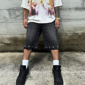 Shorts en jean baggy Y2K avec strass, coupe ample, taille élastique, décontracté, streetwear d'été pour hommes - Product Image 1