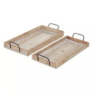 Plateau de service rectangulaire en bois de manguier brun créatif avec poignées en métal noir, idéal pour la cuisine et la décoration de style farmhouse (vente en gros) - Product Image 4