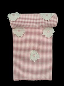 Factory Direct Pink & White Gingham Check 3D Floral Applique Fabric – Premium Cotton Base with Raised White Sunburst Embroidery - Product Image 2