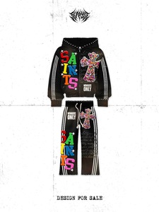 Conjunto de Sudadera con Capucha y Pantalones para Miembros de los Saints, Diseño con Cruz de Pedrería y Brillo, Ropa Urbana Unisex, Corte Holgado, Moda Primavera - Product Image 2
