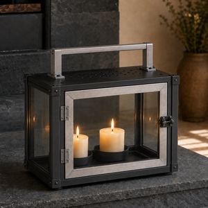 Lanterne à bougie moderne de luxe en métal et verre, conçue avec une forme architecturale sophistiquée et un attrait décoratif intemporel. - Product Image 1