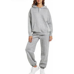 Conjunto de Sudadera Corta Holgada y Pantalones Largos Rectos para Mujer, de Felpa de Algodón y Spandex, Color Liso, Casual, 2 Piezas - Product Image 1