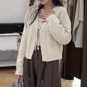 Cárdigan de Punto con Cuello en V para Mujer, Color Crema, Manga Larga, Casual, Otoño, Color Sólido, 100% Acrílico, Diseño con Lazos Suaves - Product Image 2