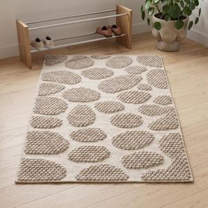 Tapis d'intérieur moderne en laine tissée à la main, couleur unie beige crème, texture galet, antidérapant, à poils moyens, avec envers en toile de coton - Product Image 1