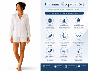 Ensemble de pyjama bohème 2 pièces en coton Oxford blanc pour femme, col en V, avec poches, short décontracté, respirant et écologique pour le printemps/été - Product Image 3