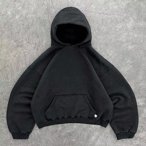 Sweat-shirt à capuche unisexe bleu marine surdimensionné, coupe courte, manches classiques, couleur unie, poche avant, décontracté, en molleton tricoté pour l'automne - Product Image 5