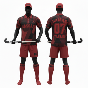 Uniforme de Hockey sobre Césped para Hombre, Poliéster Premium Interlock, Panel Geométrico Rojo y Negro, Logotipo Personalizado por Sublimación - Product Image 3
