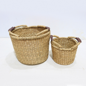 Seagrass Storage <b>Basket</b> Set <b>with</b> Leather <b>Handles</b> Hand-Woven Durable Eco-Organizer - Product Image 5