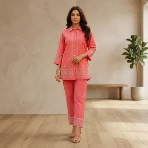 Women's Coral Embroidered Cotton Set <b>Three</b> <b>Quarter</b> Sleeve Full Length <b>Pants</b> Casual Spring Summer Wear - Product Image 6