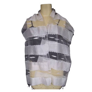 100% Polyester Black White Horizontal Striped Scarf Chiffon Fabric Long Length Sheer Silk Feel Scarf with Plain Ornament Elegant - Product Image 1