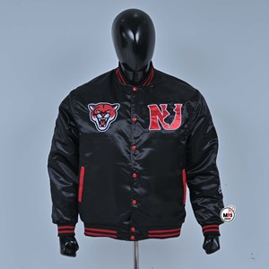 Vestes universitaires en satin noir respirant de haute qualité pour hommes, avec logo NJ brodé, imprimé panthère, col rabattu, vêtements décontractés d'automne - Product Image 1