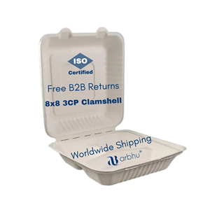 Conteneur articulé robuste en canne à sucre biodégradable 8x8 3 compartiments, écologique, pour le stockage alimentaire, destiné aux programmes scolaires et à la gestion d'événements - Product Image 1