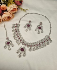 Designer Rhodium Plated Oval Cut CZ Stone Necklace <b>Set</b> With Earrings & Mangtika For Women Ethnic Fashion <b>Jewellery</b> <b>Set</b> Wholesale - Product Image 4