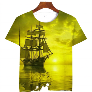 Camiseta de Manga Corta para Hombre con Estampado de Barco al Atardecer, Cuello Redondo, Corte Regular Informal, Tejido de Tela - Product Image 3