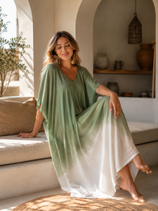 Vestido Maxi Kaftan Bohemio con Cuello en V y Tie Dye para Mujer, Corte Moderno, Cintura Natural, Ecológico, para Todas las Temporadas, Ropa de Playa y Resort - Product Image 1