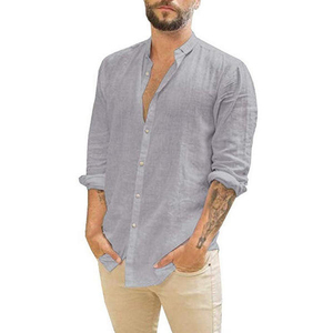 Chemise décontractée à manches longues pour homme, col en V, couleur unie, tissu popeline respirant, vêtements d'été, chemises en coton à manches longues - Product Image 3