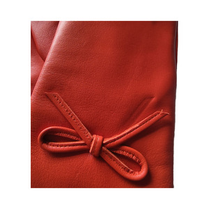 Red Leather <b>Gloves</b> With Bow Detail Wrist Length Sweet Style For Winter Casual Wear - Product Image 5