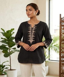 Kurta Tradicional de Algodón para Mujer con Bordado, Corte Holgado, Estilo Informal, Estilo India-Pakistán, para Todas las Temporadas 86845 BLUESTAR- BS...177 - Product Image 1