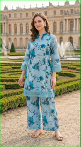 Conjunto coordinado de algodón azul polvo con estampado floral Schiffli - Product Image 5