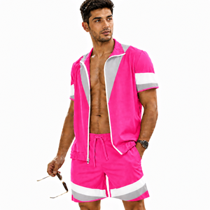 Custom Logo Men <b>Tracksuit</b> Set Short Sleeve Zip Shirt Shorts OEM Manufacturer - Product Image 2