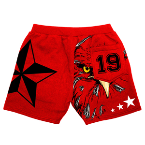 Pantalones cortos rojos para hombre con estampado de águila y bordado de estrellas, cintura con cordón, estilo casual - Product Image 2
