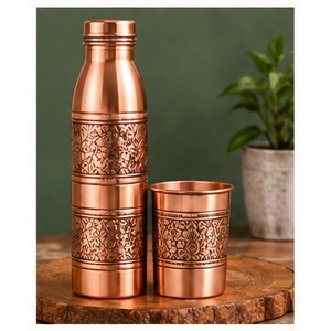 Artistic Copper Water <b>Bottle</b> with Matching Cup Set <b>Vintage</b> Engraved Design Portable Drinkware for Home Use - Product Image 2
