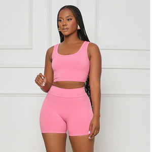 Conjunto de Dos Piezas para Mujer: Top Corto de Cuello Redondo con Canalé Rosa Sólido y Pantalones Cortos de Cintura Alta, Ropa al por Mayor OEM ODM - Product Image 4