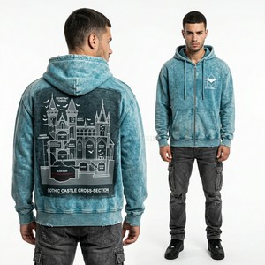 Custom Blue Stone Wash Zip Up Hoodie Men Heavyweight Fleece Streetwear <b>Jacket</b> Blueprint <b>Gothic</b> Castle Graphic Print Hooded Top - Product Image 1
