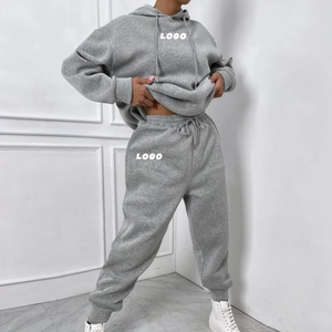Conjunto de Sudadera con Capucha Oversize para Mujer, Gris, Mezcla de Algodón, Tejido con Estampado de Letras en la Espalda, Ropa Casual de Otoño - Product Image 2