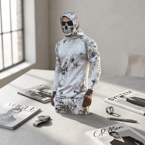 Men's Hooded Long Sleeve <b>Skull</b> Print Sun Protection Shirt UPF50+ Full Length Performance Fishing Apparel - Product Image 2