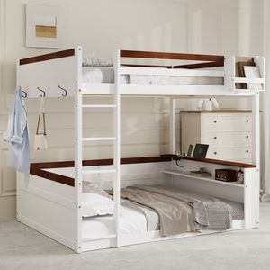 Lit superposé en bois blanc taille Queen avec éclairage LED, station de charge USB, étagères intégrées et boîte de rangement pour dortoirs (ETA 6/30) - Product Image 1