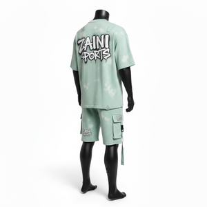 Ensemble t-shirt et short pour homme en jersey de coton premium, tissu doux lavé, couleur menthe, impression en relief, logo personnalisé. - Product Image 5