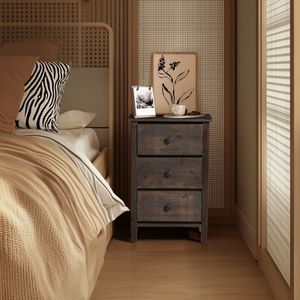 Comodino in Legno Impiallacciato 66*45*68cm con Tre Cassetti, Cassettiera in MDF Marrone - Product Image 1